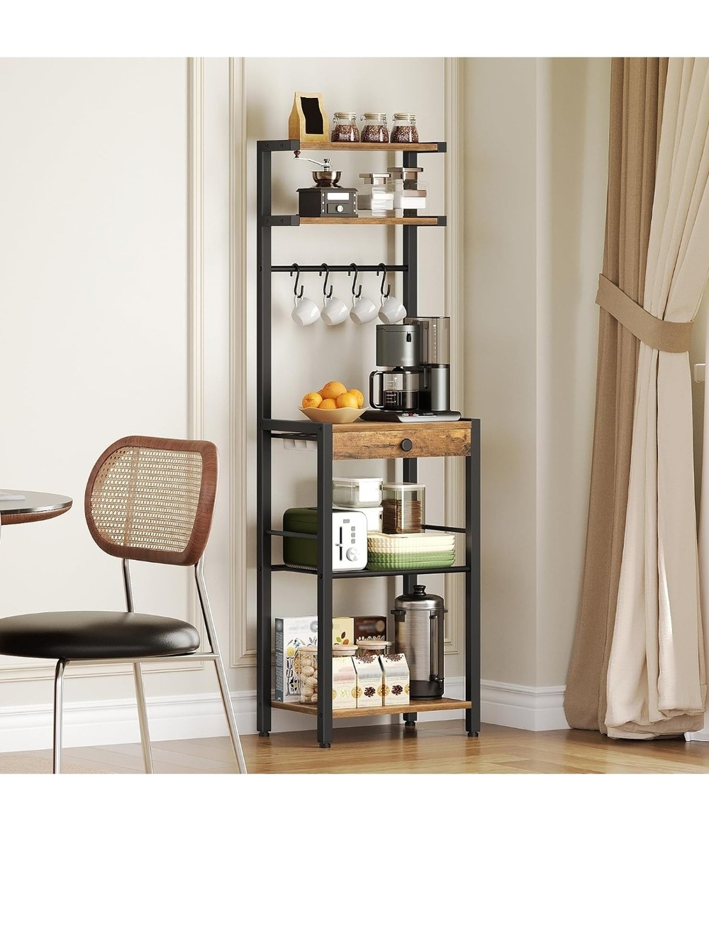 Wood and Black Metal Kitchen Storage Rack with Drawer - Black and Brown
